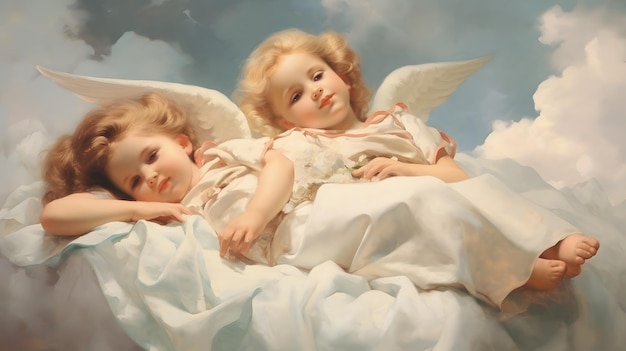 Photo cute baby angels in the clouds christ christianity background design religion generative ai