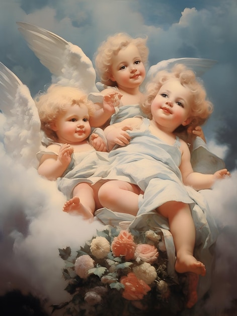 Cute Baby Angels in the clouds christ christianity background design religion Generative AI