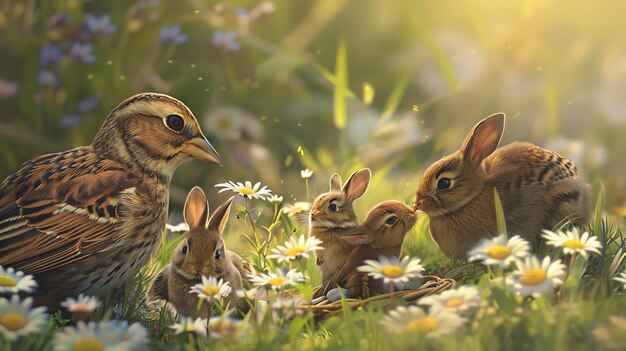 Photo cute baby animals in the meadow a mother bird and her chicks with a family of bunnies