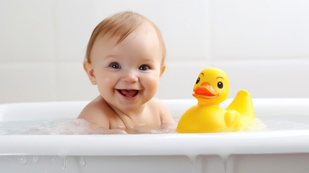 Cute baby bathes in the bath