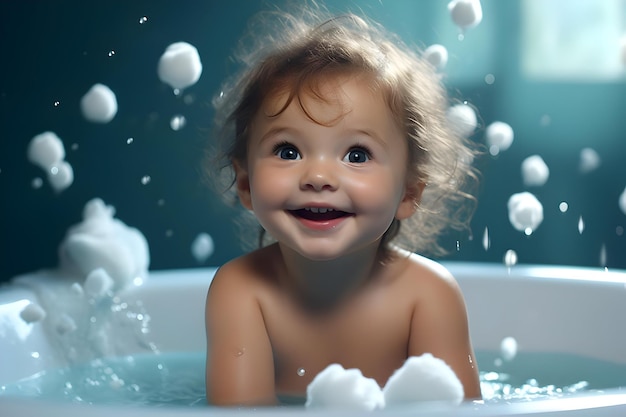 욕조에 있는 귀여운 아기는 영화 같은 단색 배경을 고품질로 촬영합니다.