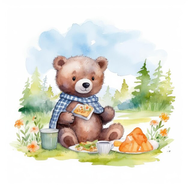 Photo cute baby bear girl read a book on wooden chair bear reading a book watercolor drawingteddy bear