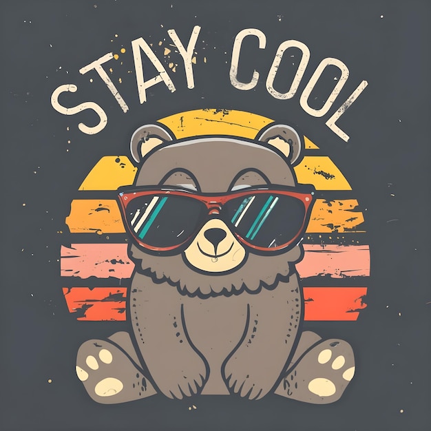 A cute baby bear wearing sunglasses with text STAY COOL