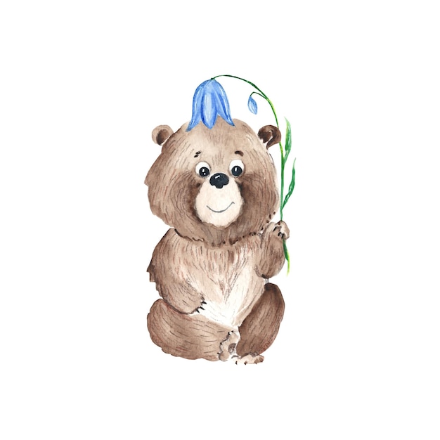 Cute baby bear with blue bell flower isolated on white background Watercolor hand drawn illustration