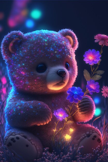 Cute baby bear with glowing flower