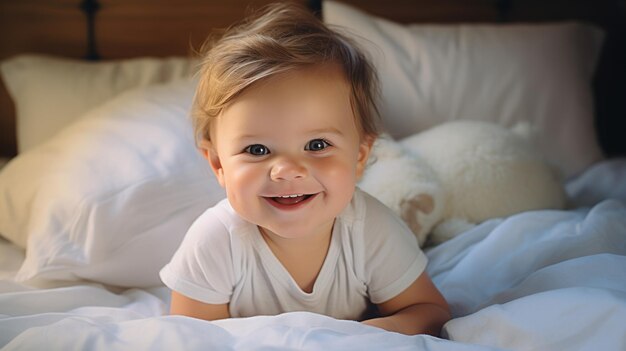 cute baby on the bed cheerful