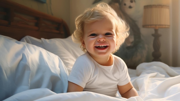 cute baby on the bed cheerful