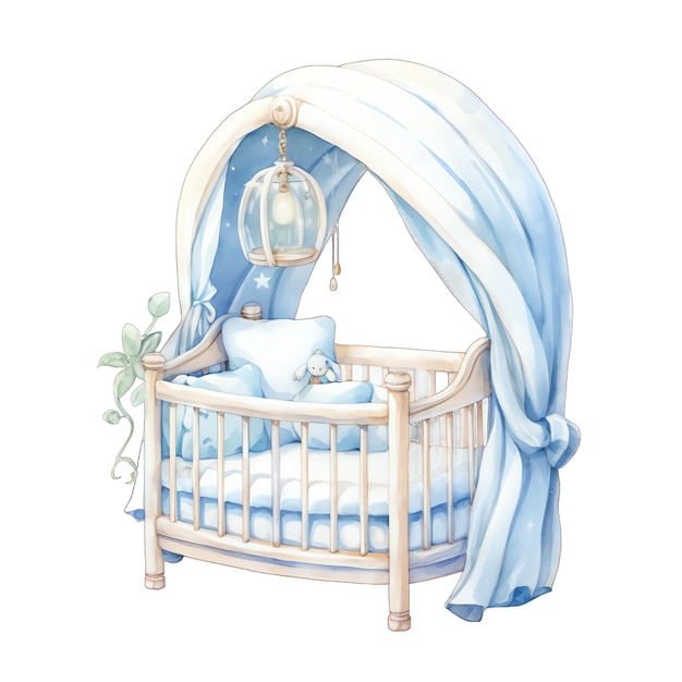 かわいいベビーブルーのベッドの水彩イラスト