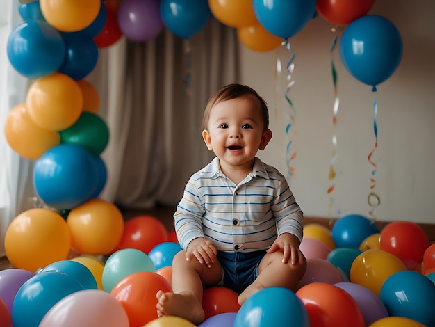Photo cute baby boy play with colorful balloons in birthday party play room in home