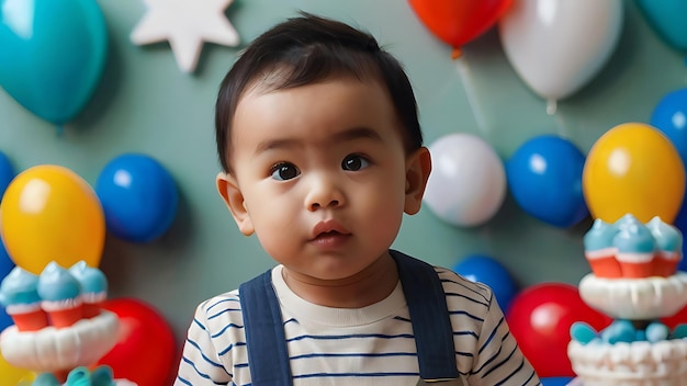 Foto un bambino carino gioca con palloncini colorati nella sala giochi della festa di compleanno a casa