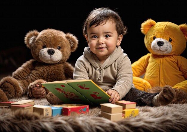 Cute baby boy reading a book with teddy bears isolated on black background