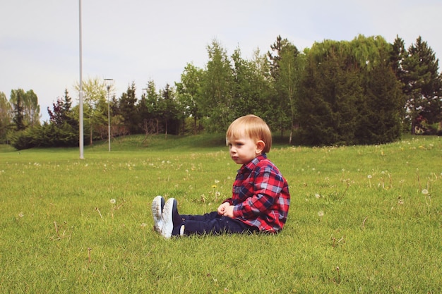 Photo cute baby boy sitting on grassy field