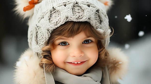 Cute baby boy smiling in winter wearing a knit cap