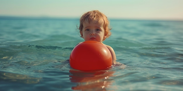 Cute baby boy swimming in the sea on the beach at sunset