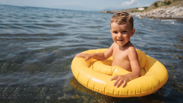 かわいい男の子は、ビーチの海で黄色の膨脹可能な円で泳ぎます。