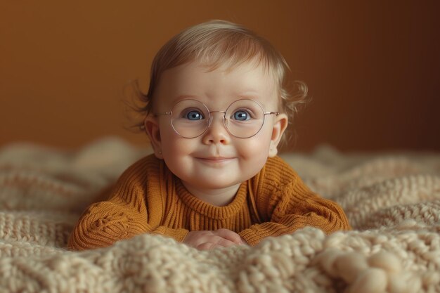 Cute baby boy wearing eyeglasses on warm knitted blanket