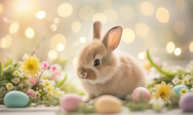 Cute baby bunny adorable rabbit with Easter eggs and spring flowers