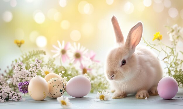 Cute baby bunny adorable rabbit with Easter eggs and spring flowers