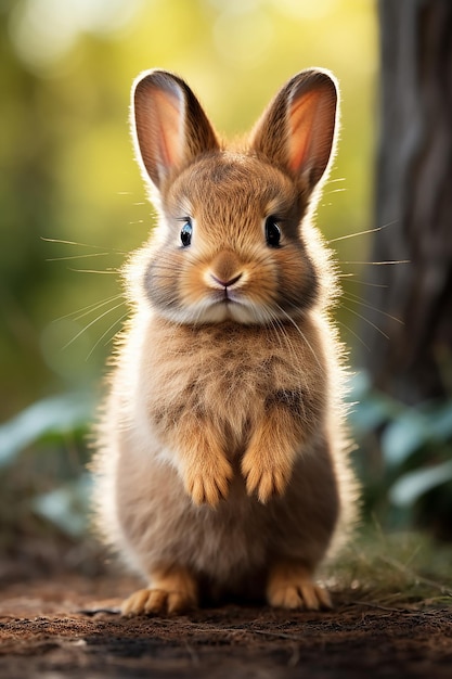 Cute Baby Bunny with Dark Brown Fur Standing Upright