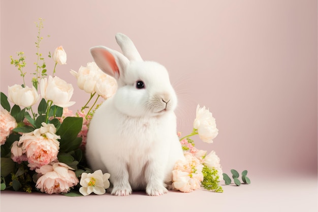 ピンクの背景に花を持つかわいい赤ちゃんバニー かわいいふわふわのウサギ 動物 イースター シンボル コンセプト ジェネレーティブ AI