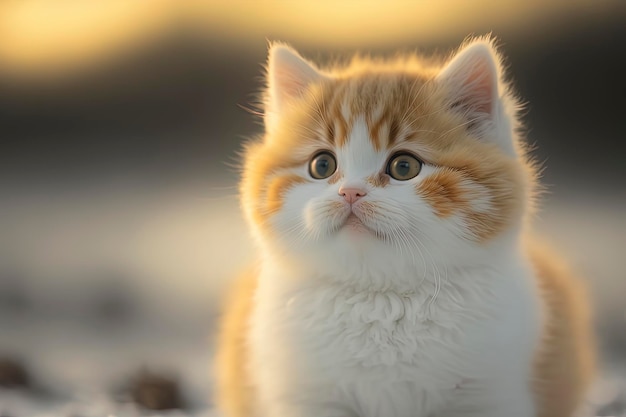 Cute baby cat in the snow with sunset in the background AIGenerated