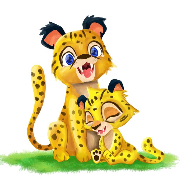 Photo cute baby cheetah and mom illustration