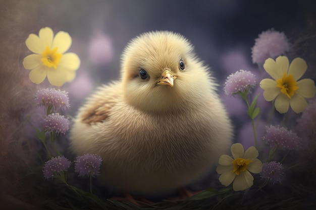 Cute baby chick in a field of flowers Easter concept Generative Ai