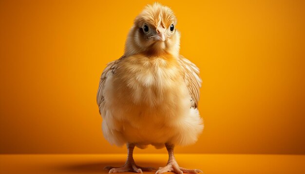 Cute baby chicken with fluffy yellow feathers standing outdoors generated by artificial intelligence