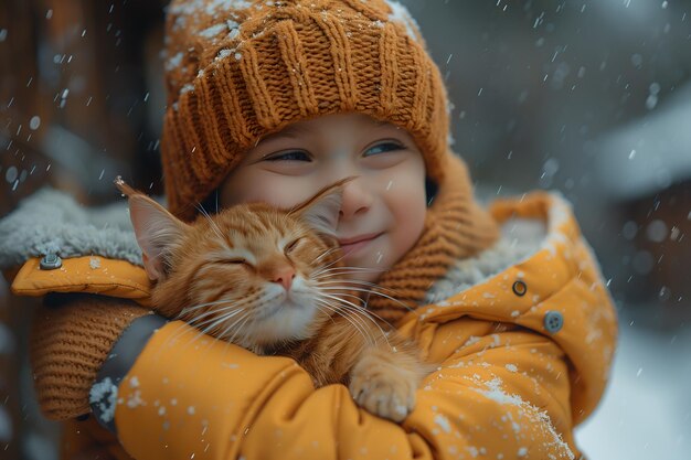 Cute baby child hugs homeless street cat