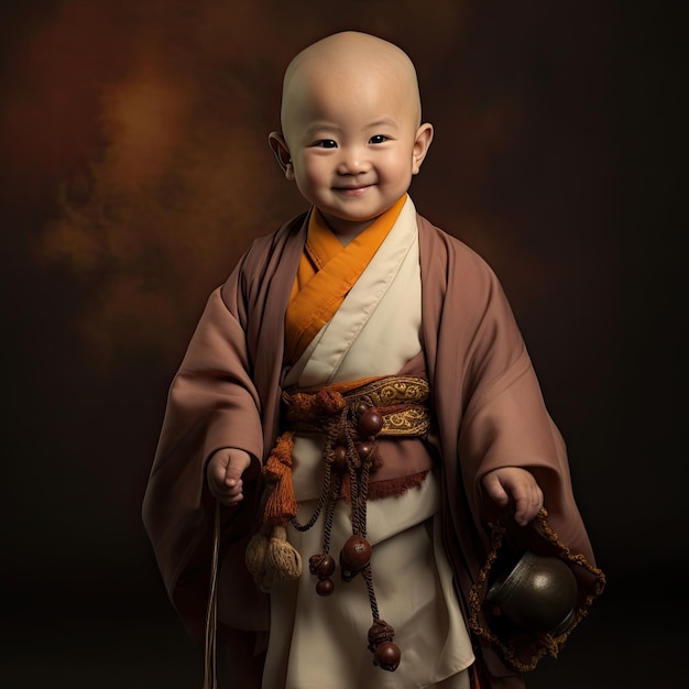 Cute baby in Chinese monk costume closeup portrait