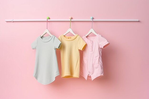 Cute baby clothes dresses hanging on hangers front view on colorful pastel pink background