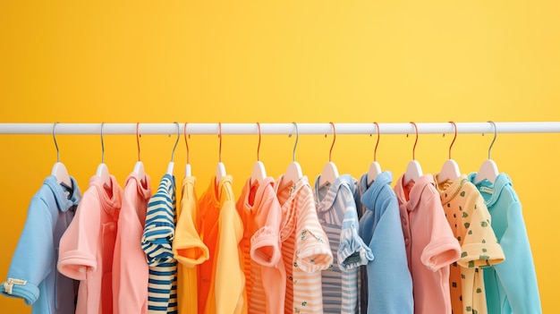 Cute baby clothes hanging on rack against yellow background