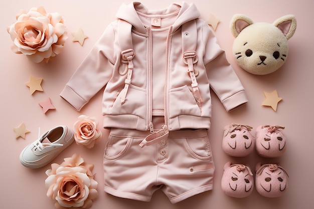 Cute Baby Clothes Layout on Pastel Background
