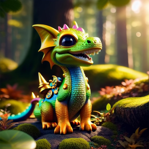 Милый малыш красочный дракон на фоне леса Generative AI