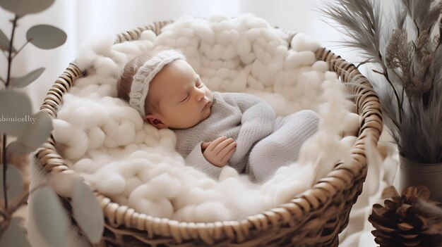 Cute baby in a cozy blanket photo sleeping generative ai