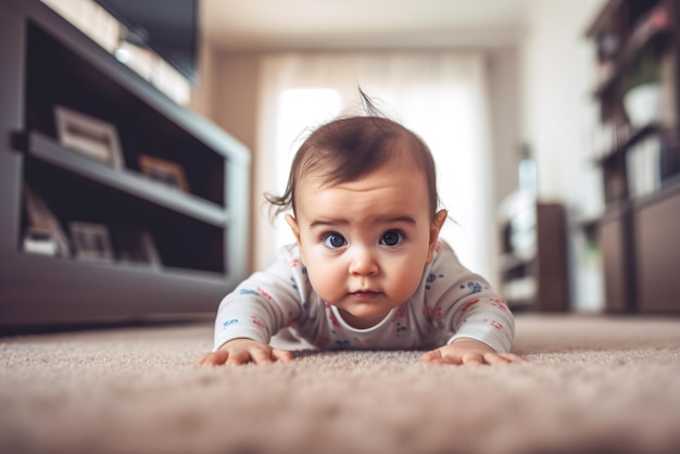 Cute baby crawling on the floor in the living room at home Generative AI