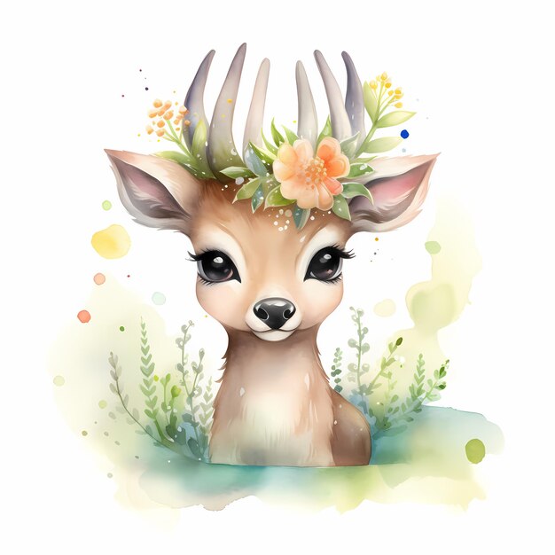 Cute baby deer Watercolor animal wearing crown of flowers