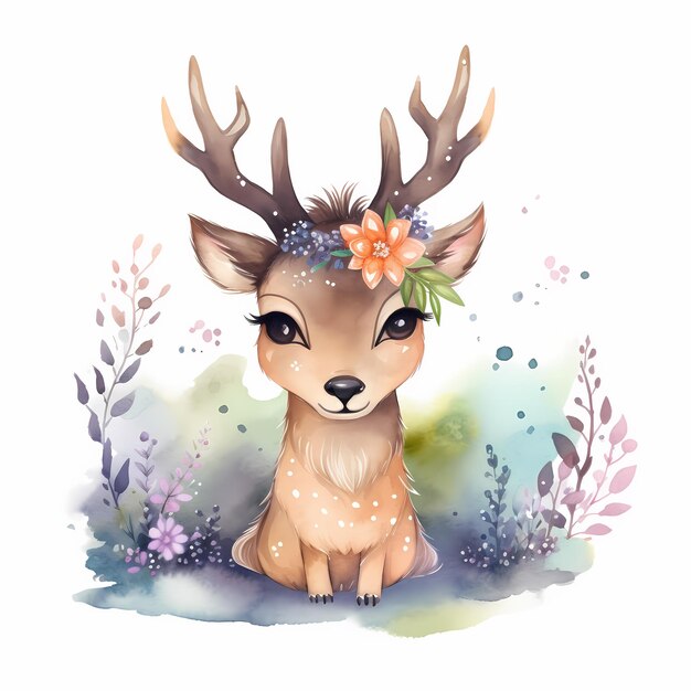 Cute baby deer Watercolor animal wearing crown of flowers