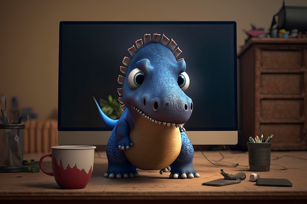 cute baby dinosaur in front of computer, creative ai