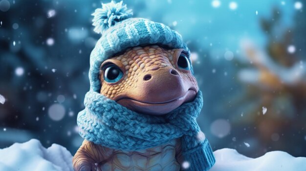 Cute baby dinosaur in a winter hat generative ai