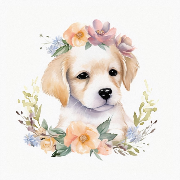 かわいい赤ちゃん犬 パステルカラーの花 水彩イラスト