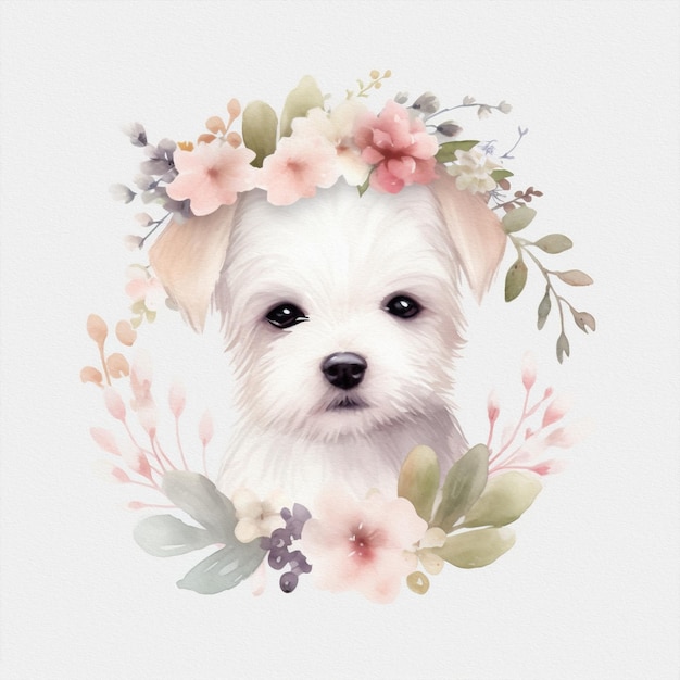 かわいい赤ちゃん犬 パステルカラーの花 水彩イラスト