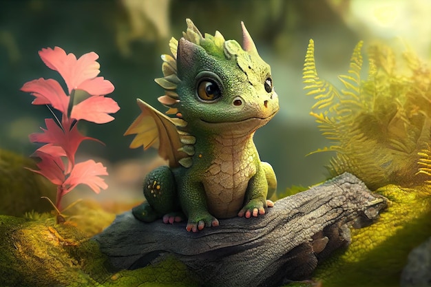 Cute baby dragon in forest