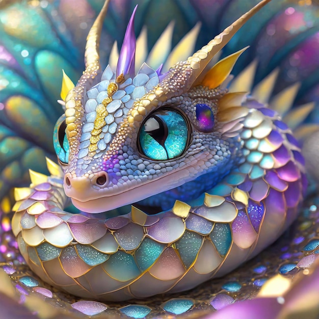 Cute baby dragon with big eyes curled up laying down