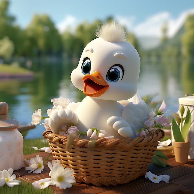 Cute baby duck has a picnic with a lot of food in the near lake