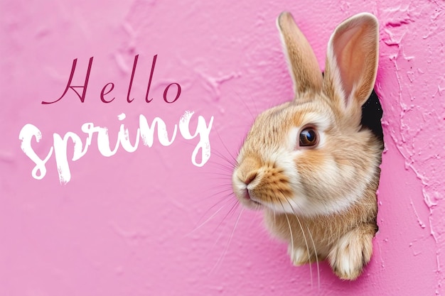Милый маленький пасхальный кролик сидит на розовой стене с пастельными яйцами.