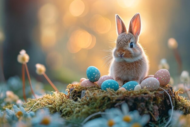 Cute baby Easter rabbit sitting on stump in spring forest among pastel colored eggs