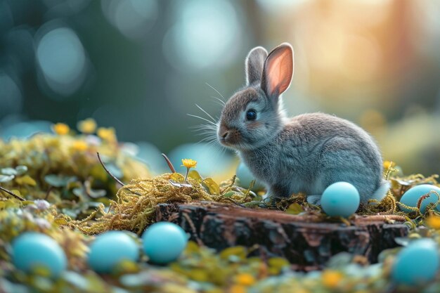 Cute baby Easter rabbit sitting on stump in spring forest among pastel colored eggs