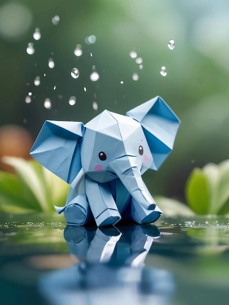 A cute baby elephant made of soft paper is sitting in the rain