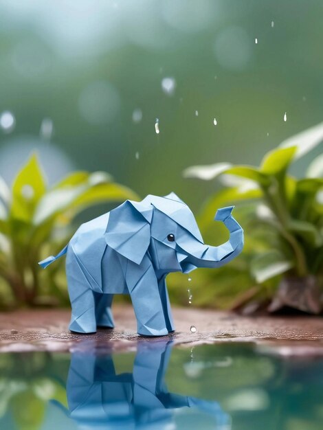柔らかい紙で作られた可愛い赤ちゃんのゾウが雨の中に立っています